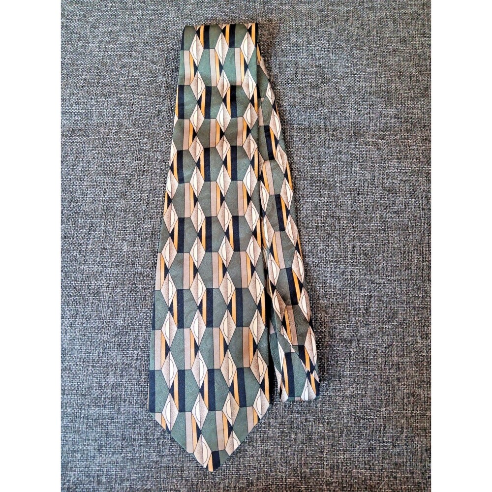 Domani Uomo Tie 70s 80s 90s Y2K Mens Silk Green Beige Yellow 3.75 Wide 59 Long